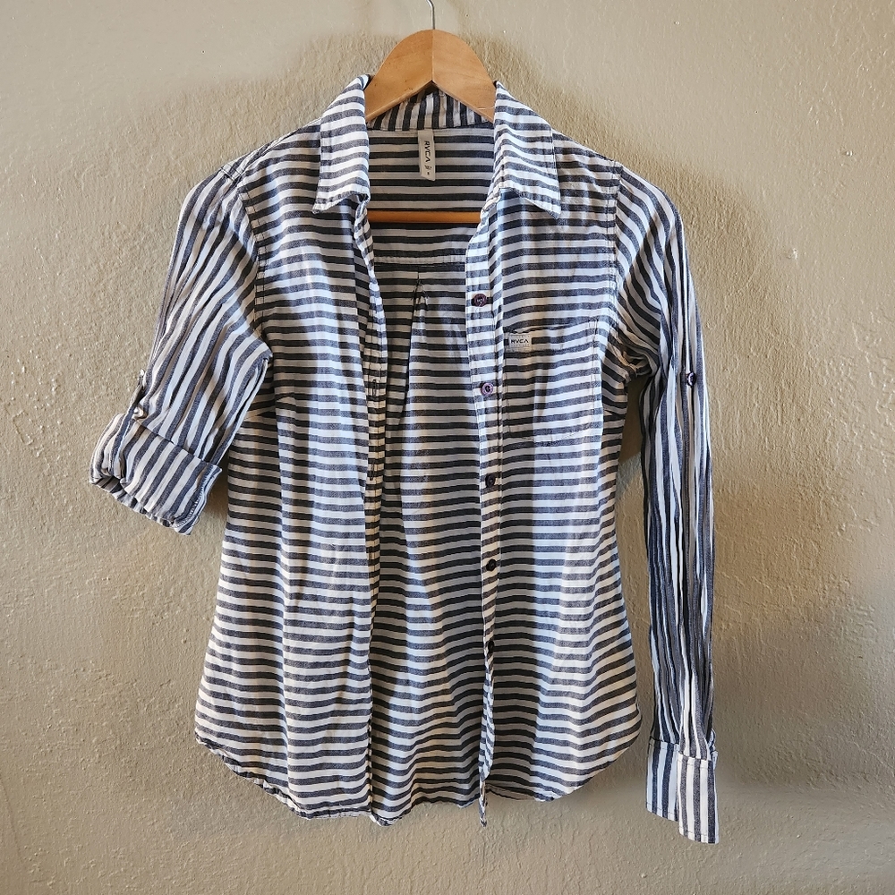 Gray and white striped button up size small